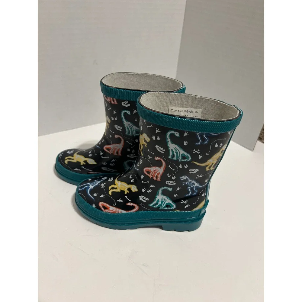 Lily & Dan Kids Dinosaur Skeleton Rain Boots Teal Black Rubber Size 9/10